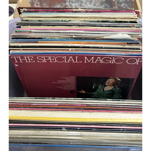 374 - Three boxes, one containing LP vinyl records to include Mahalia Jackson, Fred Hersch Trio, Harvey & ... 