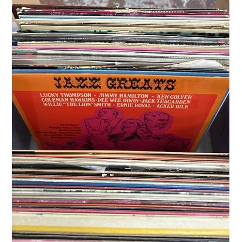 374 - Three boxes, one containing LP vinyl records to include Mahalia Jackson, Fred Hersch Trio, Harvey & ... 