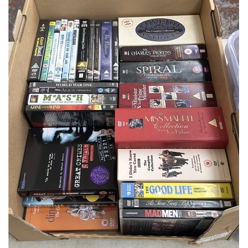 374 - Three boxes, one containing LP vinyl records to include Mahalia Jackson, Fred Hersch Trio, Harvey & ... 