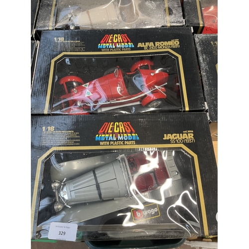 329 - Ten boxed Bburago diecast model vehicles to include 1/18 Bugatti Type 59 (1934), 1/18 Mercedes Benz ... 