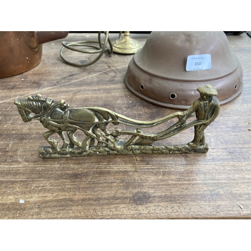 350 - A collection of metalware to include Valor paraffin heater, Best Duty South African cast iron cookin... 