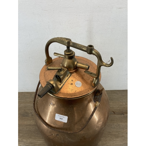 353 - An early/mid 20th century copper and brass milking bucket with spare lid - approx. 47cm high