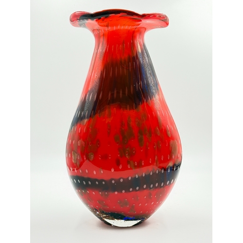 276 - A pair of Murano style red and blue art glass vases with bubbled decoration - approx. 36cm high
