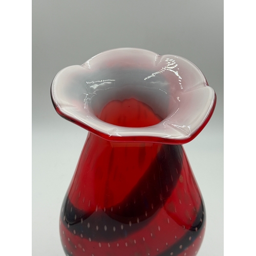 276 - A pair of Murano style red and blue art glass vases with bubbled decoration - approx. 36cm high