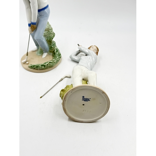 315 - Five ceramic figurines, two Spanish Nadal golfers, one Beswick 'Spirit of the Wind' horse on plinth ... 