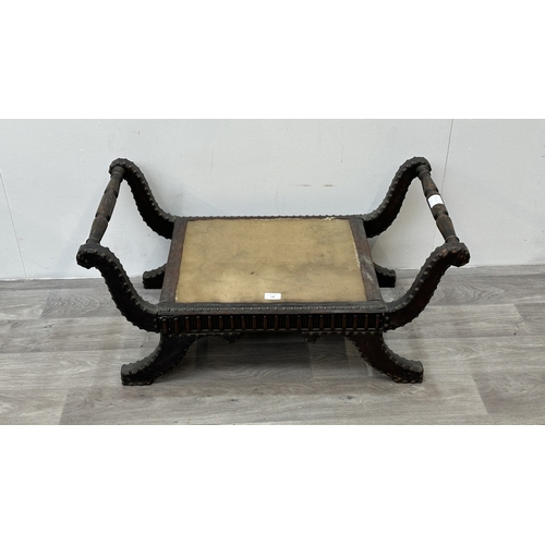 138 - A 1930s/40s leather and brass studded X-frame stool with turned beech handles and fabric upholstered... 