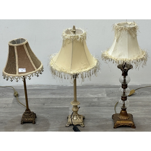 151 - Three modern Rococo style resin table lamps with fabric shades - largest approx. 63cm high