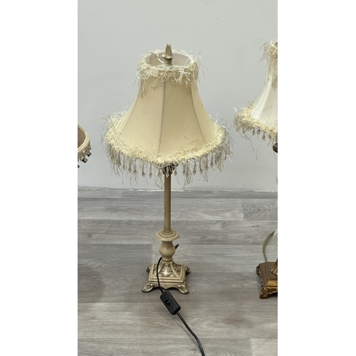 151 - Three modern Rococo style resin table lamps with fabric shades - largest approx. 63cm high