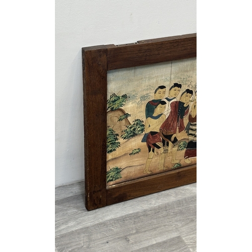 157 - A framed Thai mural wooden panel painting - approx. 57.5cm high x 82.5cm wide