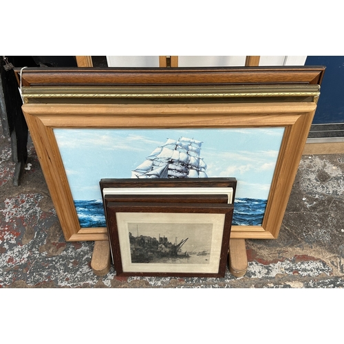 158 - Seven framed pictures, three Montague Dawson prints, two 19th century engravings, one late 19th/earl... 