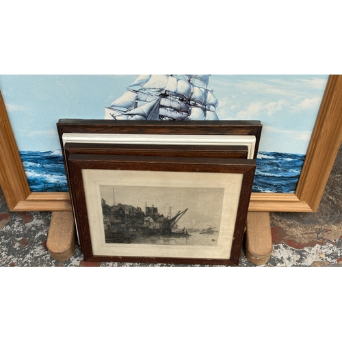 158 - Seven framed pictures, three Montague Dawson prints, two 19th century engravings, one late 19th/earl... 