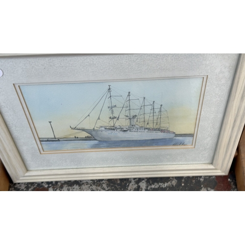 158 - Seven framed pictures, three Montague Dawson prints, two 19th century engravings, one late 19th/earl... 