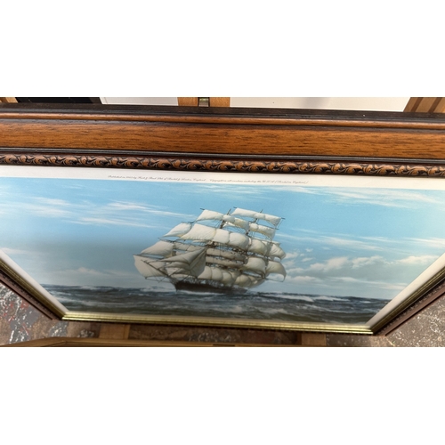 158 - Seven framed pictures, three Montague Dawson prints, two 19th century engravings, one late 19th/earl... 