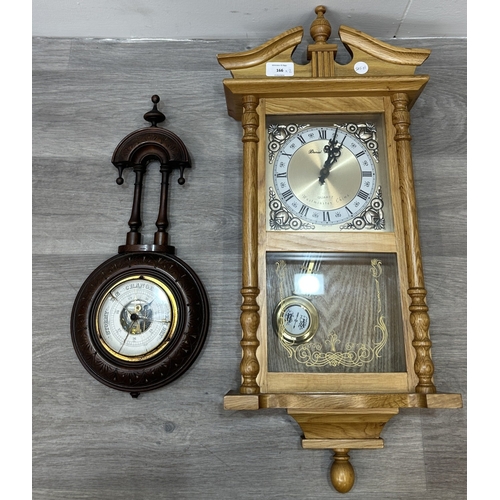 166 - Two items, one late 19th/early 20th century carved mahogany cased aneroid barometer and one late 20t... 