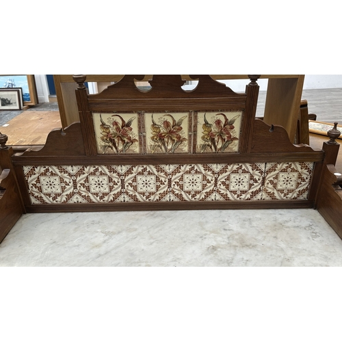 177 - An Edwardian walnut and marble top washstand with ceramic tile splashback - approx. 121cm high x 120... 