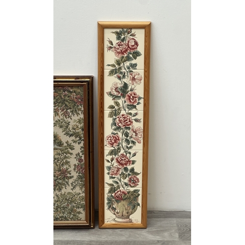 181 - Three framed floral wall hanging, two ceramic tile plaques - approx. 80cm high x 19cm wide and one t... 