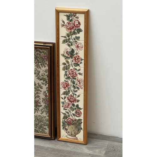 181 - Three framed floral wall hanging, two ceramic tile plaques - approx. 80cm high x 19cm wide and one t... 