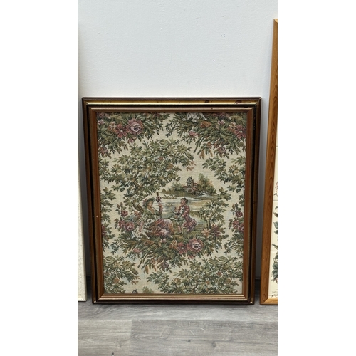 181 - Three framed floral wall hanging, two ceramic tile plaques - approx. 80cm high x 19cm wide and one t... 