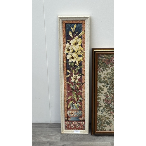 181 - Three framed floral wall hanging, two ceramic tile plaques - approx. 80cm high x 19cm wide and one t... 