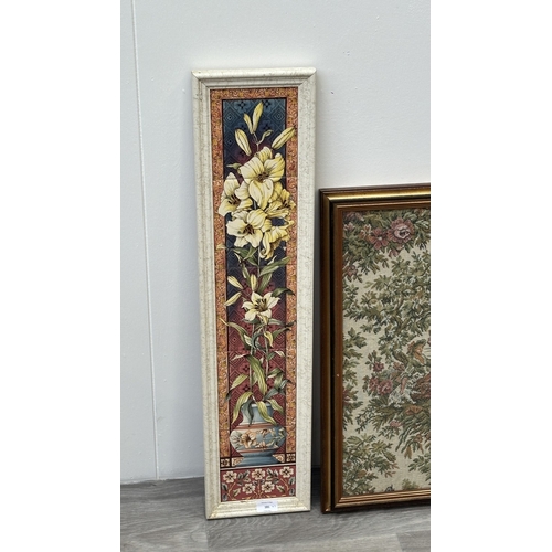 181 - Three framed floral wall hanging, two ceramic tile plaques - approx. 80cm high x 19cm wide and one t... 
