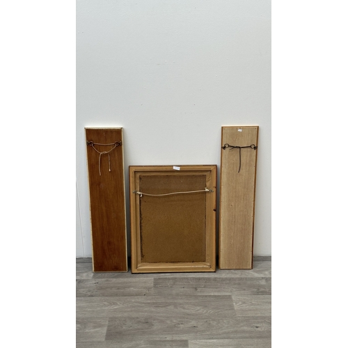 181 - Three framed floral wall hanging, two ceramic tile plaques - approx. 80cm high x 19cm wide and one t... 