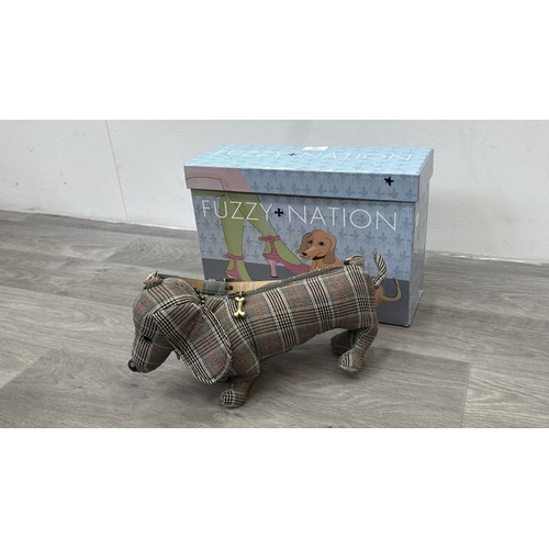 188 - A boxed Fuzzy Nation 'Grey Suited' dachshund dog shoulder bag - approx. 18cm high x 33cm long