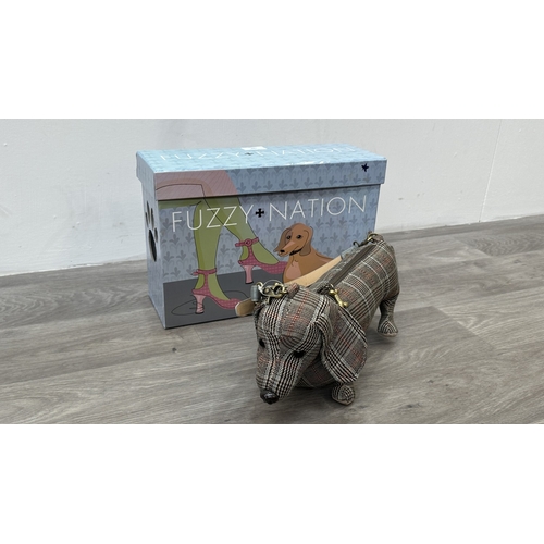 188 - A boxed Fuzzy Nation 'Grey Suited' dachshund dog shoulder bag - approx. 18cm high x 33cm long