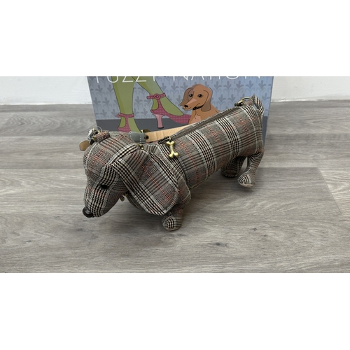 188 - A boxed Fuzzy Nation 'Grey Suited' dachshund dog shoulder bag - approx. 18cm high x 33cm long