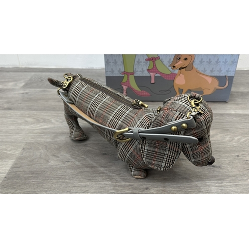 188 - A boxed Fuzzy Nation 'Grey Suited' dachshund dog shoulder bag - approx. 18cm high x 33cm long