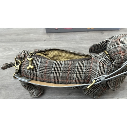 188 - A boxed Fuzzy Nation 'Grey Suited' dachshund dog shoulder bag - approx. 18cm high x 33cm long