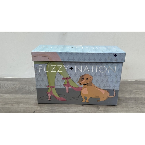 188 - A boxed Fuzzy Nation 'Grey Suited' dachshund dog shoulder bag - approx. 18cm high x 33cm long