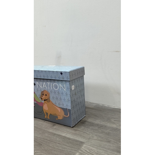 188 - A boxed Fuzzy Nation 'Grey Suited' dachshund dog shoulder bag - approx. 18cm high x 33cm long