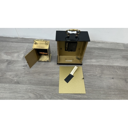 189 - Five various clocks, one Minster brass cased quartz mantel, one Westclox mains electric alarm, one c... 