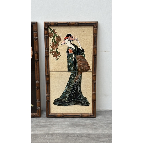 191 - Two framed Maw & Co. hand painted majolica ceramic tile wall plaques depicting geisha girls - approx... 