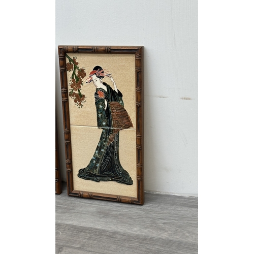 191 - Two framed Maw & Co. hand painted majolica ceramic tile wall plaques depicting geisha girls - approx... 