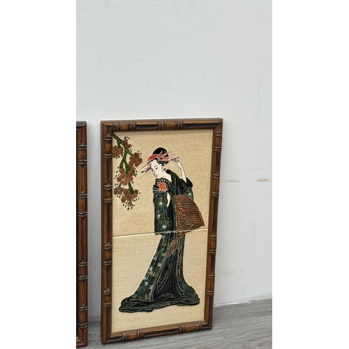 191 - Two framed Maw & Co. hand painted majolica ceramic tile wall plaques depicting geisha girls - approx... 