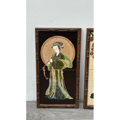 191 - Two framed Maw & Co. hand painted majolica ceramic tile wall plaques depicting geisha girls - approx... 