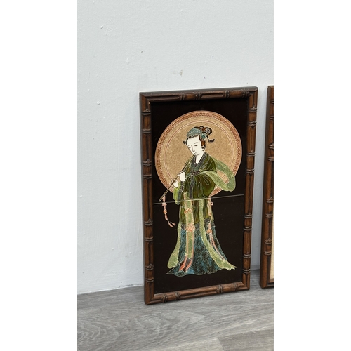 191 - Two framed Maw & Co. hand painted majolica ceramic tile wall plaques depicting geisha girls - approx... 