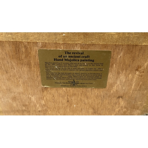 191 - Two framed Maw & Co. hand painted majolica ceramic tile wall plaques depicting geisha girls - approx... 