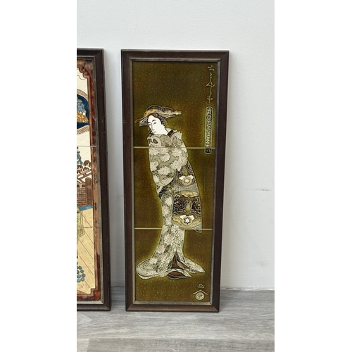192 - Two framed hand painted ceramic tubelined tile wall plaques, one Maw & Co. depicting a geisha girl a... 