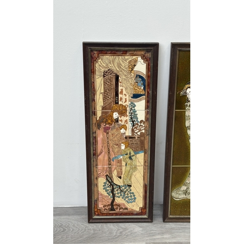 192 - Two framed hand painted ceramic tubelined tile wall plaques, one Maw & Co. depicting a geisha girl a... 