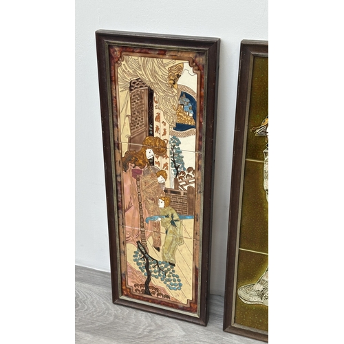 192 - Two framed hand painted ceramic tubelined tile wall plaques, one Maw & Co. depicting a geisha girl a... 