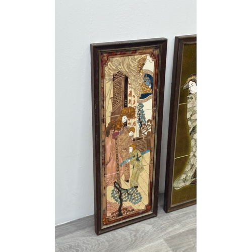 192 - Two framed hand painted ceramic tubelined tile wall plaques, one Maw & Co. depicting a geisha girl a... 