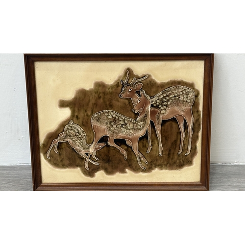 193 - A framed Maw & Co. hand painted majolica ceramic tile wall plaque depicting a deer scene - approx. 3... 