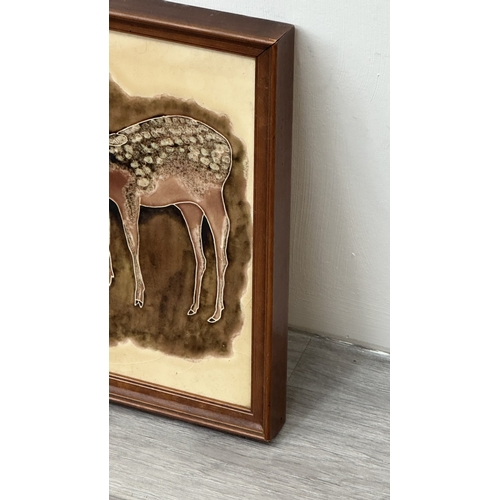 193 - A framed Maw & Co. hand painted majolica ceramic tile wall plaque depicting a deer scene - approx. 3... 