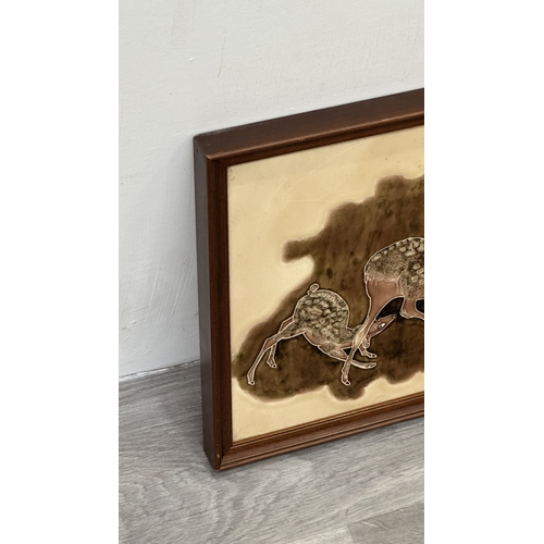 193 - A framed Maw & Co. hand painted majolica ceramic tile wall plaque depicting a deer scene - approx. 3... 