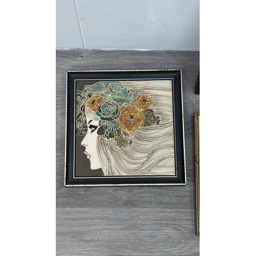 194 - Four framed hand painted ceramic tubelined tile wall plaques, two Maw & Co. Art Nouveau style, one A... 
