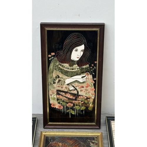 194 - Four framed hand painted ceramic tubelined tile wall plaques, two Maw & Co. Art Nouveau style, one A... 