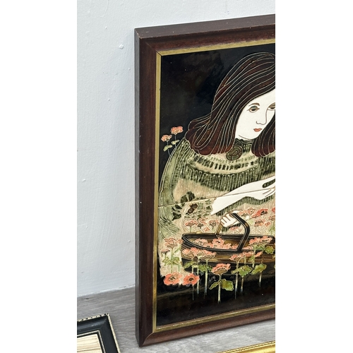 194 - Four framed hand painted ceramic tubelined tile wall plaques, two Maw & Co. Art Nouveau style, one A... 