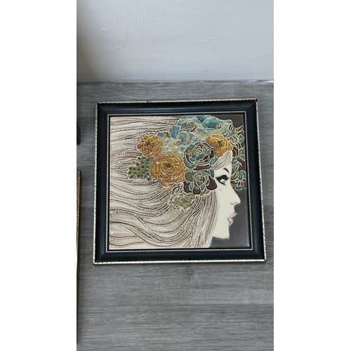 194 - Four framed hand painted ceramic tubelined tile wall plaques, two Maw & Co. Art Nouveau style, one A... 